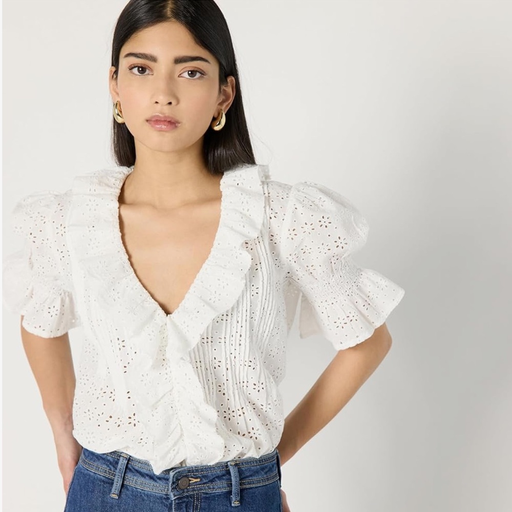 🆕 The Drop ‘Lenai’ 100% Cotton Pintuck Eyelet Blouse in Ivory XL - Picture 3 of 9